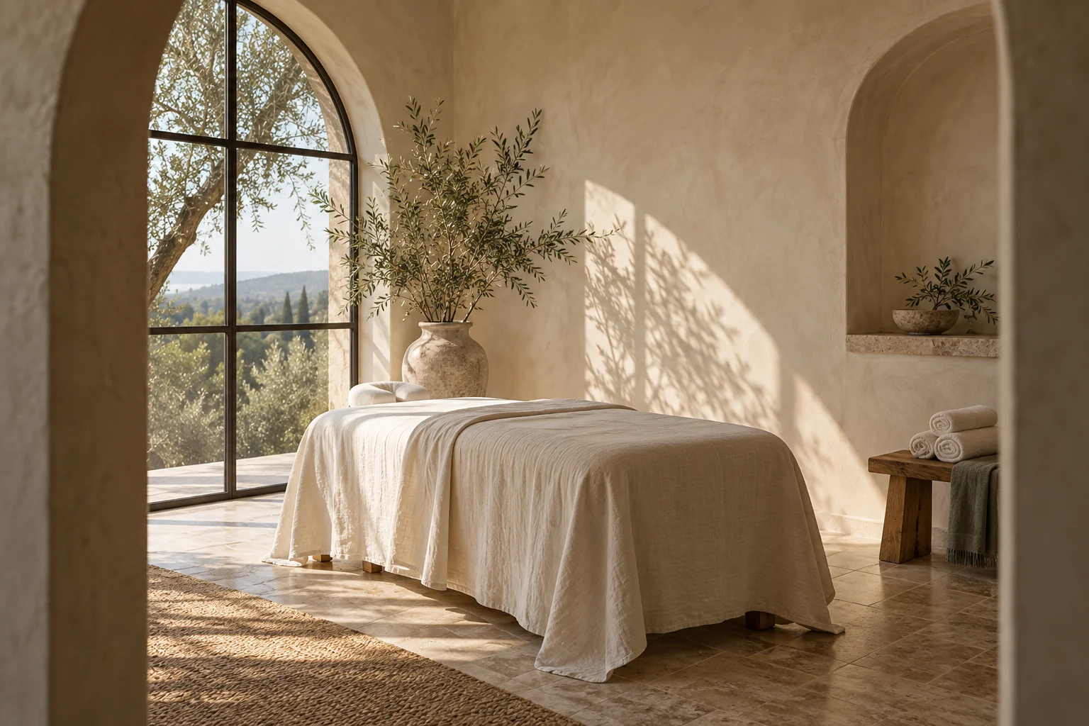 AI concept of a sunlit wellness room with ivory linen and a stone arch