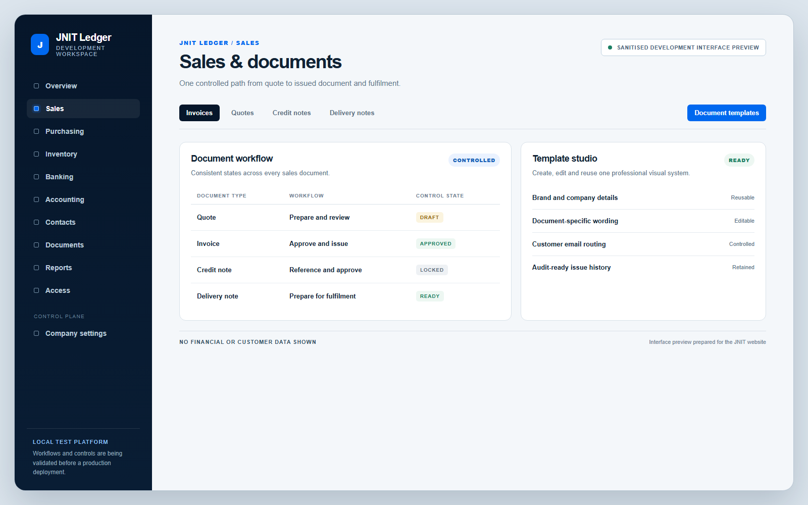 Sanitised JNIT Ledger sales and document workflow preview
