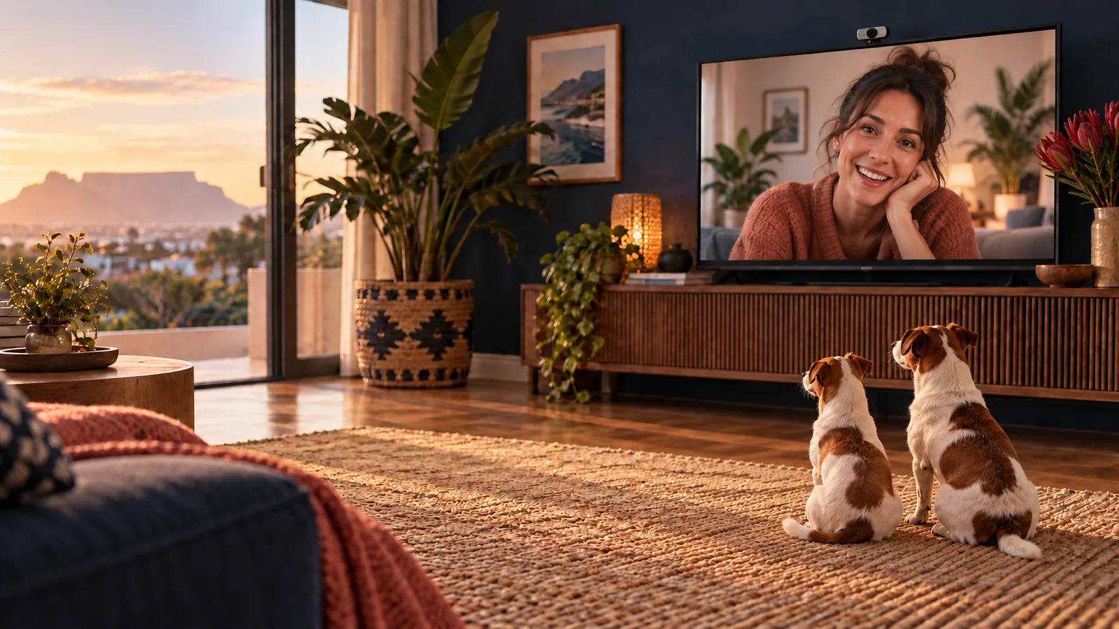 AI concept of two Jack Russells watching their caller on a television