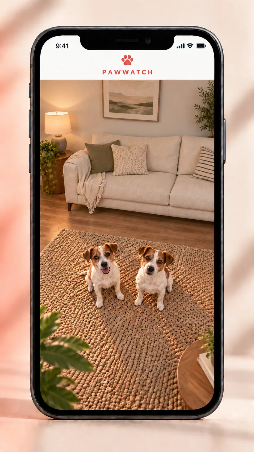 AI concept of the iPhone video feed from the TV-mounted webcam, with two Jack Russells looking toward the lens