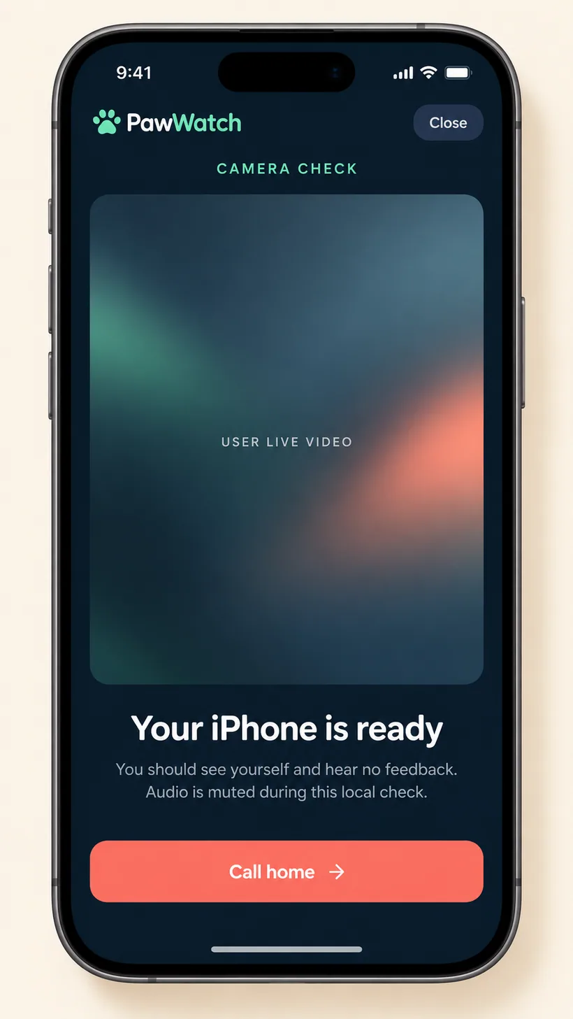 AI concept of the PawWatch iPhone camera check with a privacy-safe user live video placeholder and Call home button