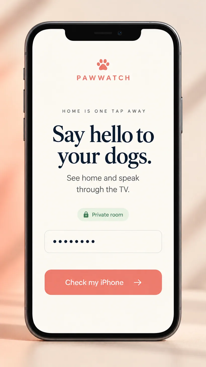 AI concept of the PawWatch iPhone web app start screen with a private room and check button
