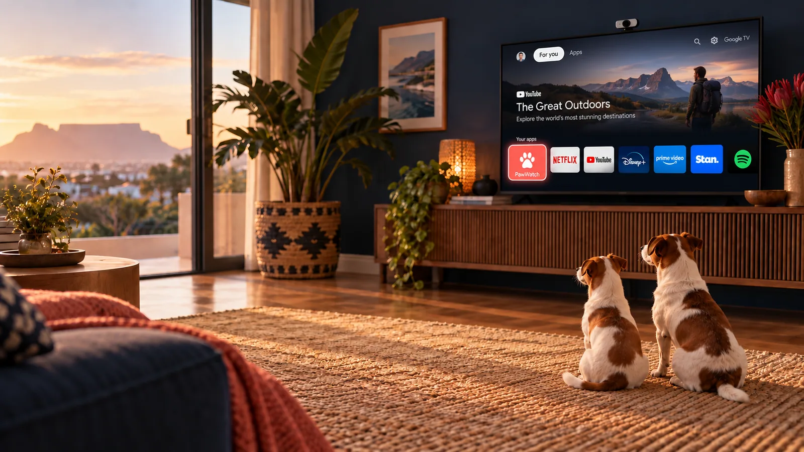 AI concept of the normal Google TV home screen with PawWatch selected in the apps row