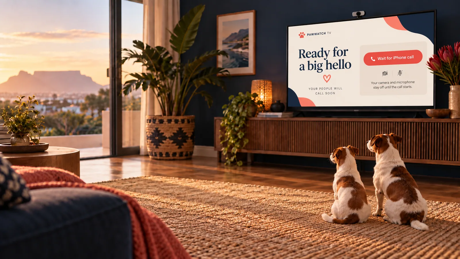 AI concept of the PawWatch TV app waiting for an iPhone call in the same living room